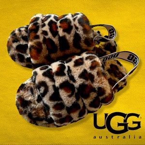 NWOB Ugg Tan/Black	Leopard Print Shearling Fluff Yeah Round Toe Slides Size 7